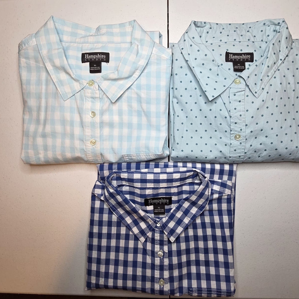 3 Pairs of Hampshire Studio Women's Blue and White Checkered Button Down Shirt